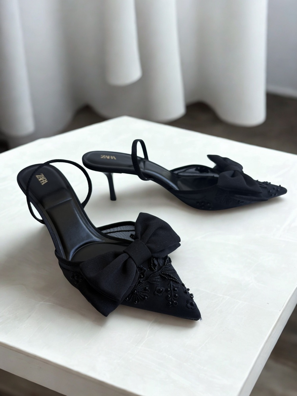 Zara Black Bow Pointed-Toe Slingback Mules, Size 41 (10.5)
